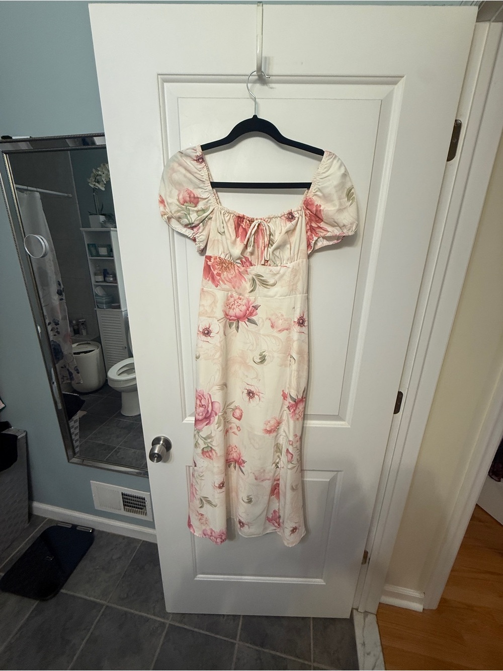 Romantic Cream Maxi Dress with Pink Floral Print